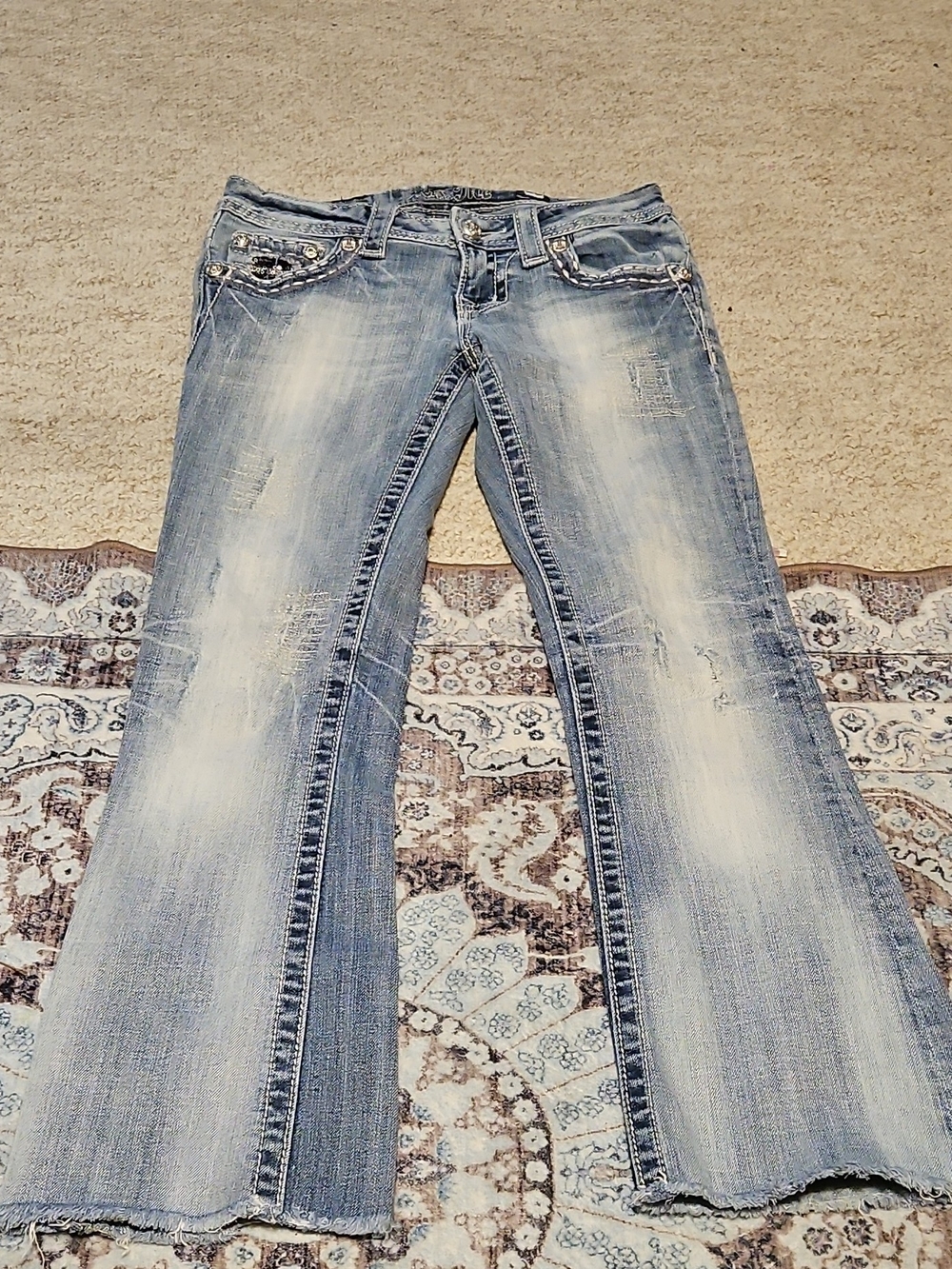 Miss Me Light Blue Washed Flare Jeans with Embellished Pockets